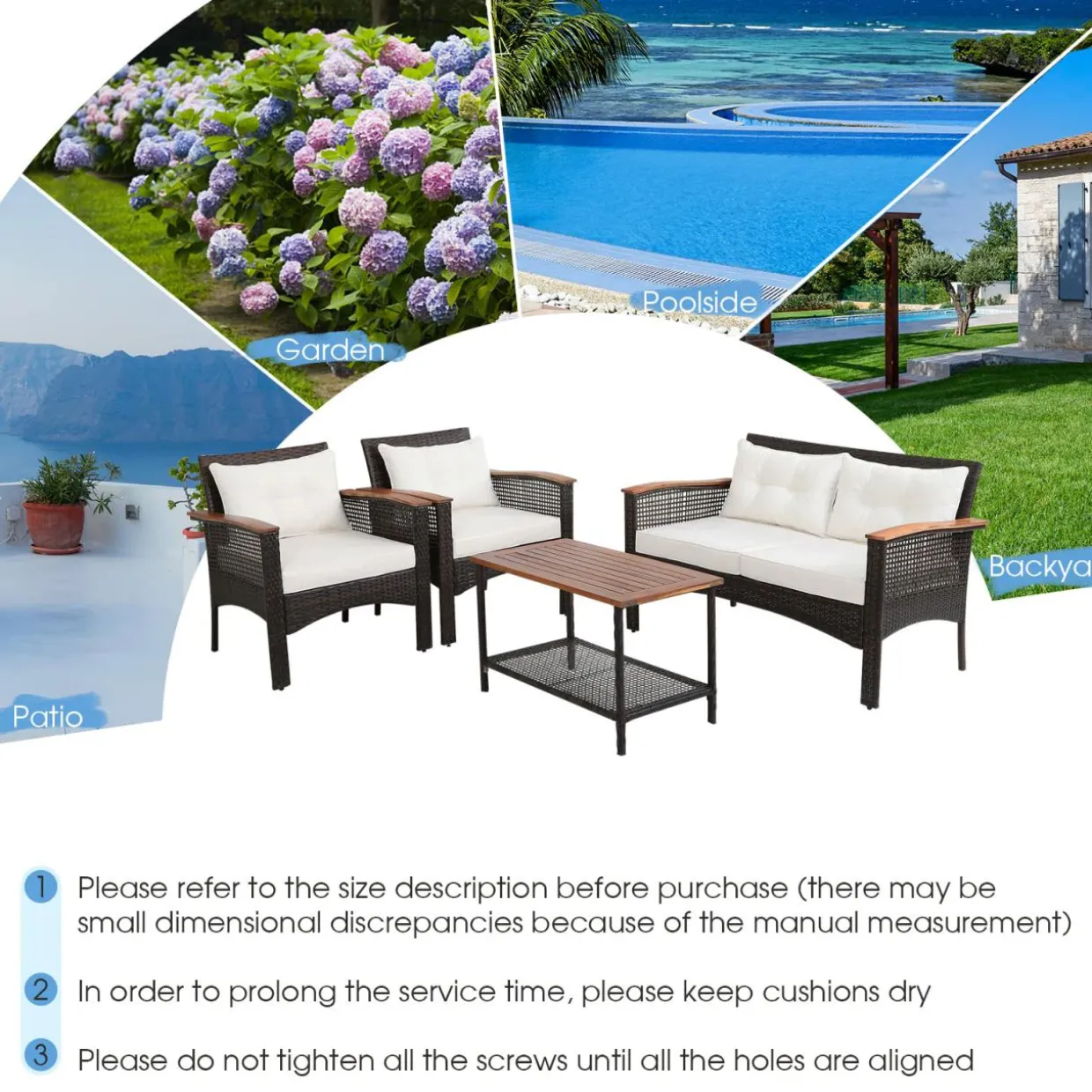 Tangkula 4-Piece Patio Furniture Set, Patiojoy Acacia Wood Outdoor PE Wicker Conversation Set with Cushions (Off White)