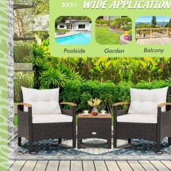 Tangkula 3-Piece Patio Furniture Set, Patiojoy Outdoor Rattan Sofa Set with Coffee Table, Patio Conversation Set with Removable Cushion