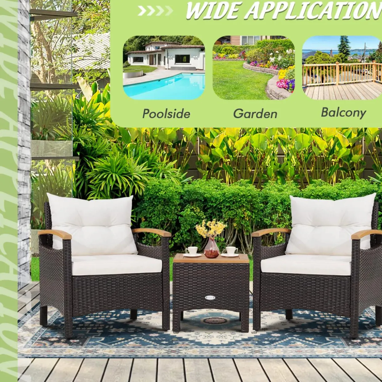 Tangkula 3-Piece Patio Furniture Set, Patiojoy Outdoor Rattan Sofa Set with Coffee Table, Patio Conversation Set with Removable Cushion
