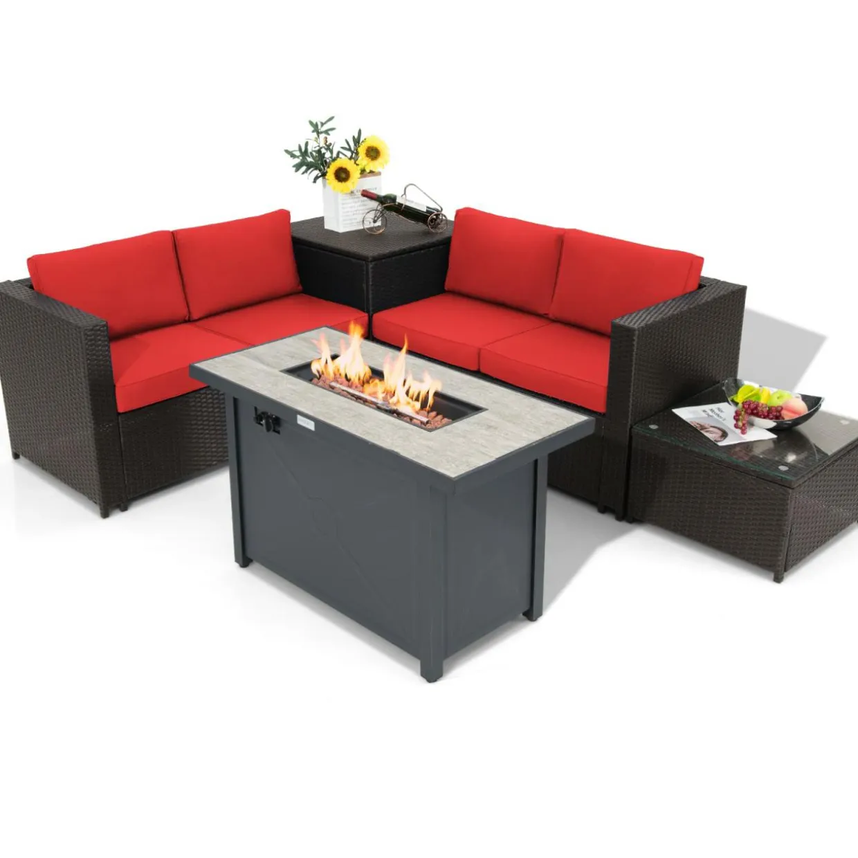 Tangkula 5-Piece Patio Furniture Set with 42 Inches Propane Fire Pit Table, Outdoor Wicker Conversation Set with Cushions