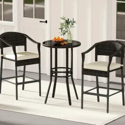 Tangkula 3-Piece Patio Rattan Bar Set, Wicker Bar Height Armchairs & Round Table w/Tempered Glass Top