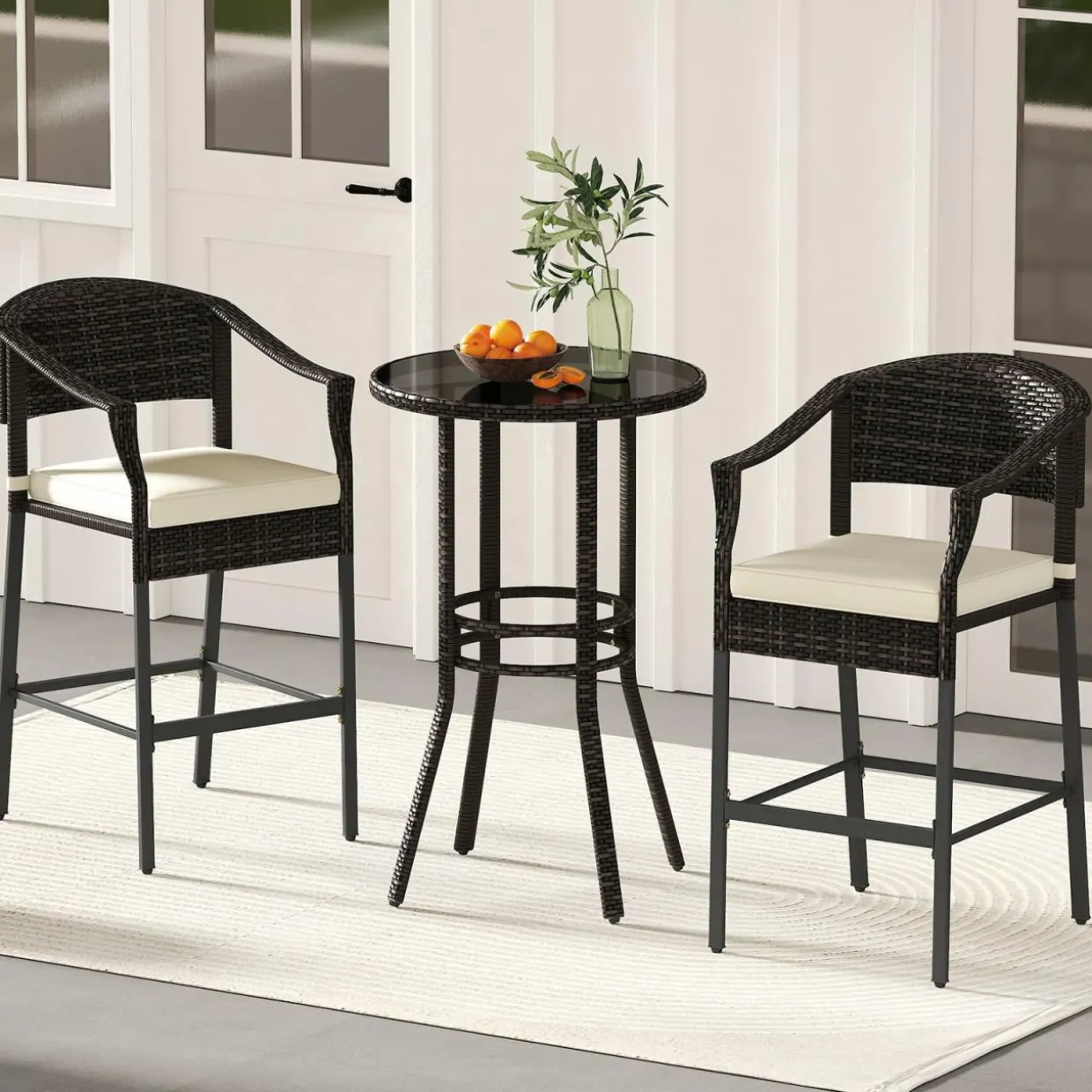 Tangkula 3-Piece Patio Rattan Bar Set, Wicker Bar Height Armchairs & Round Table w/Tempered Glass Top
