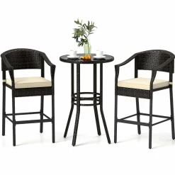 Tangkula 3-Piece Patio Rattan Bar Set, Wicker Bar Height Armchairs & Round Table w/Tempered Glass Top
