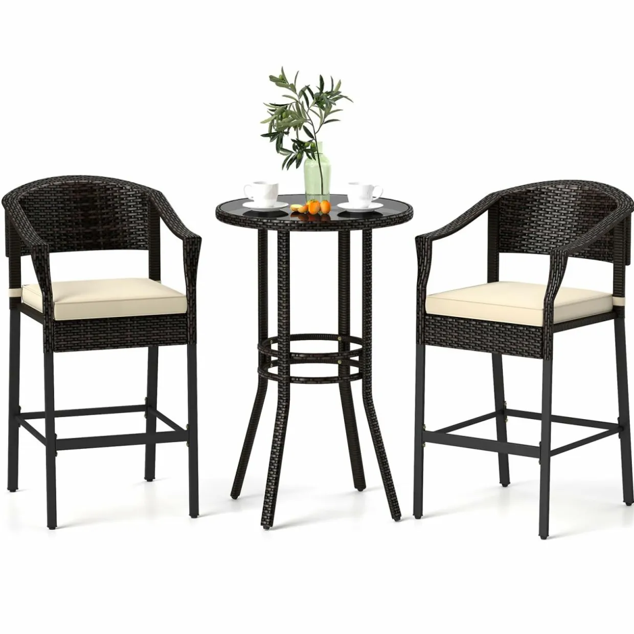 Tangkula 3-Piece Patio Rattan Bar Set, Wicker Bar Height Armchairs & Round Table w/Tempered Glass Top