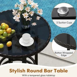 Tangkula 3-Piece Patio Rattan Bar Set, Wicker Bar Height Armchairs & Round Table w/Tempered Glass Top