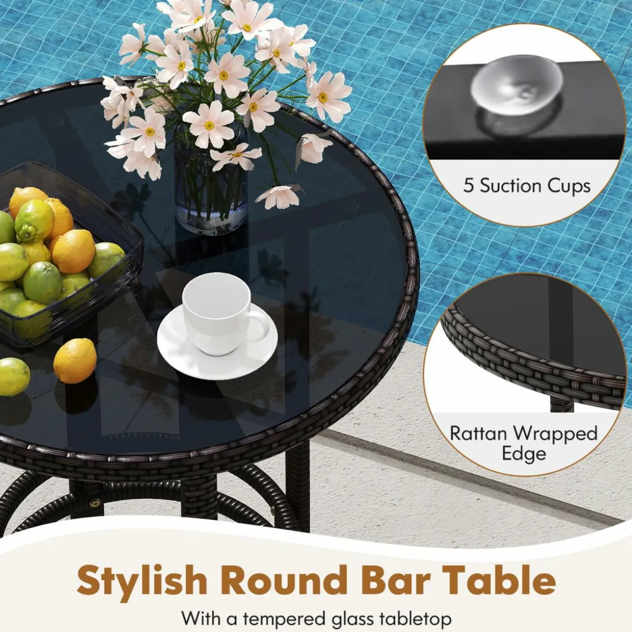 Tangkula 3-Piece Patio Rattan Bar Set, Wicker Bar Height Armchairs & Round Table w/Tempered Glass Top