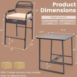 Tangkula 5-Piece Patio Rattan Bar Set, Counter Height Square Table with 4 Wicker Counter Stools