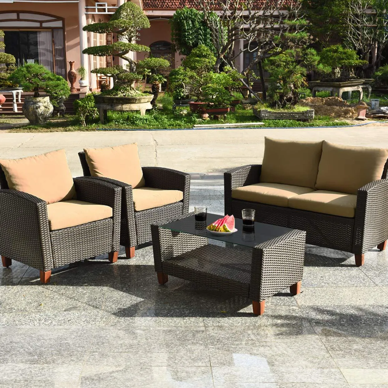 Tangkula 4-Piece Patio Rattan Furniture Set, Outdoor Wicker Conversation Set