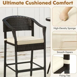 Tangkula 3-Piece Patio Rattan Bar Set, Wicker Bar Height Armchairs & Round Table w/Tempered Glass Top