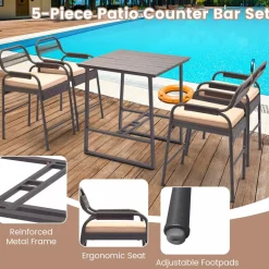 Tangkula 5-Piece Patio Rattan Bar Set, Counter Height Square Table with 4 Wicker Counter Stools