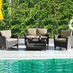 Tangkula 4-Piece Patio Rattan Furniture Set, Outdoor Wicker Conversation Set