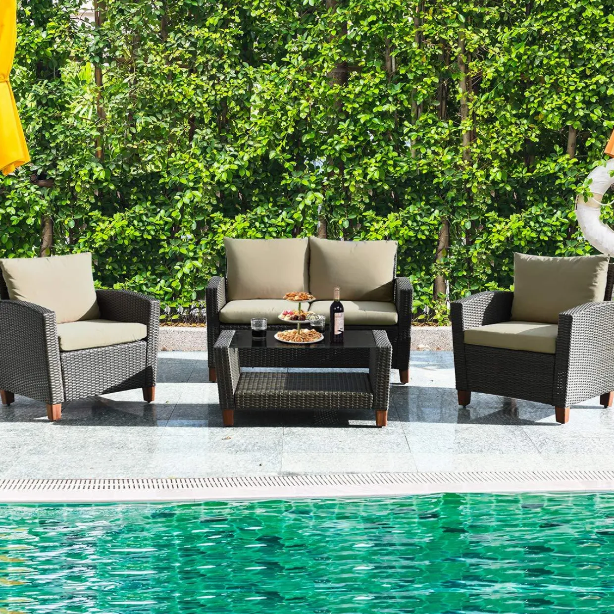 Tangkula 4-Piece Patio Rattan Furniture Set, Outdoor Wicker Conversation Set