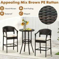 Tangkula 3-Piece Patio Rattan Bar Set, Wicker Bar Height Armchairs & Round Table w/Tempered Glass Top