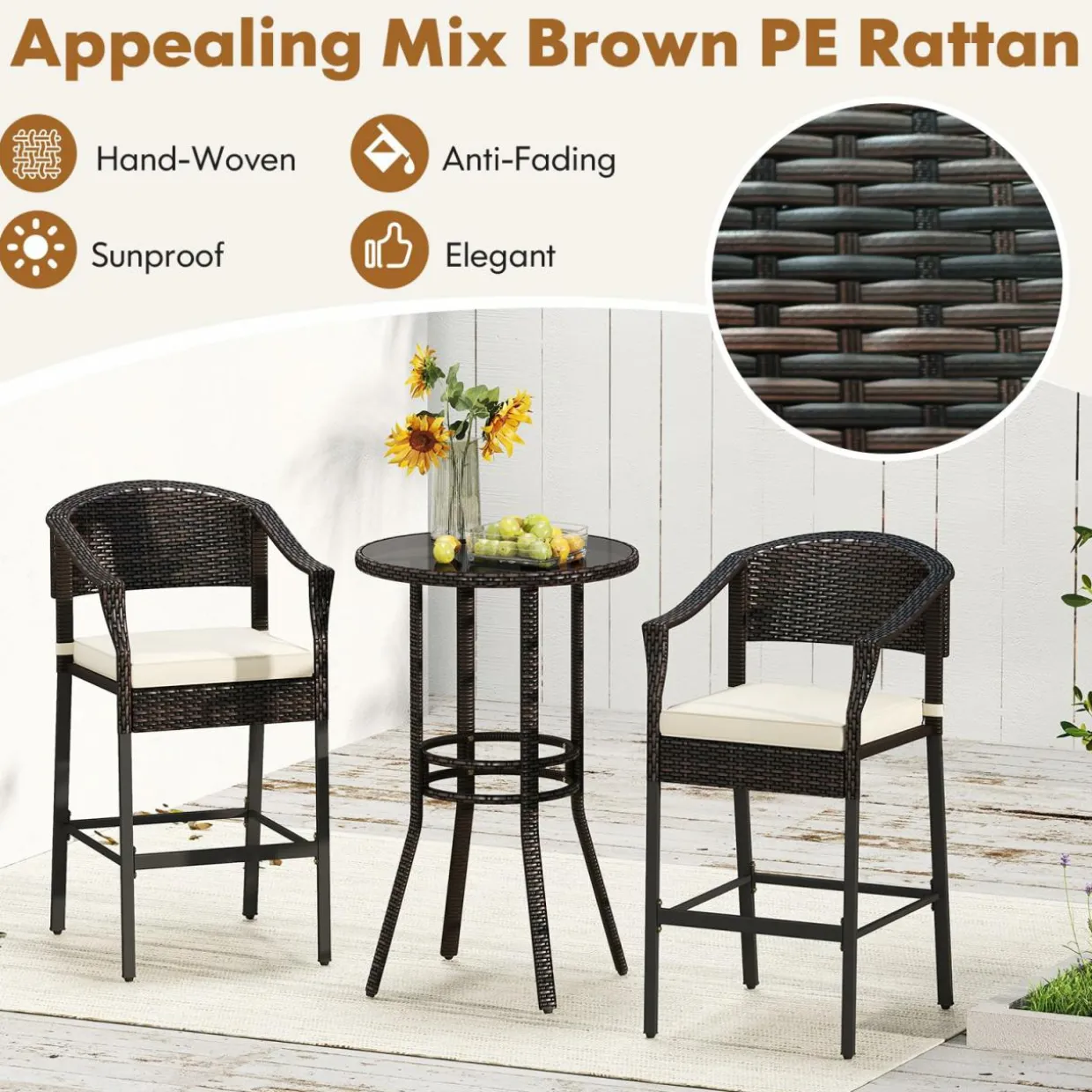 Tangkula 3-Piece Patio Rattan Bar Set, Wicker Bar Height Armchairs & Round Table w/Tempered Glass Top