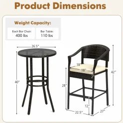 Tangkula 3-Piece Patio Rattan Bar Set, Wicker Bar Height Armchairs & Round Table w/Tempered Glass Top