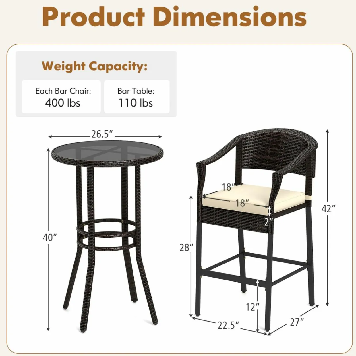 Tangkula 3-Piece Patio Rattan Bar Set, Wicker Bar Height Armchairs & Round Table w/Tempered Glass Top