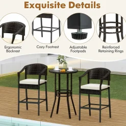 Tangkula 3-Piece Patio Rattan Bar Set, Wicker Bar Height Armchairs & Round Table w/Tempered Glass Top