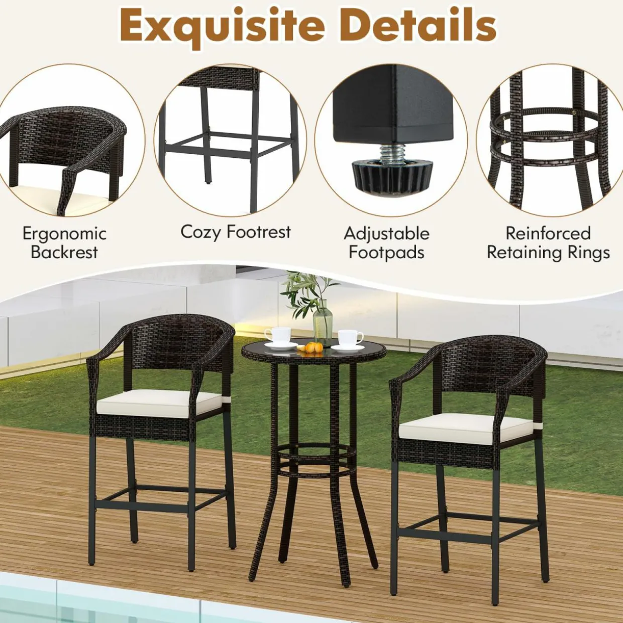 Tangkula 3-Piece Patio Rattan Bar Set, Wicker Bar Height Armchairs & Round Table w/Tempered Glass Top