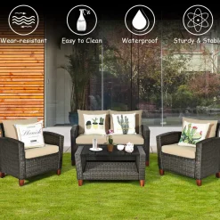 Tangkula 4-Piece Patio Rattan Furniture Set, Outdoor Wicker Conversation Set