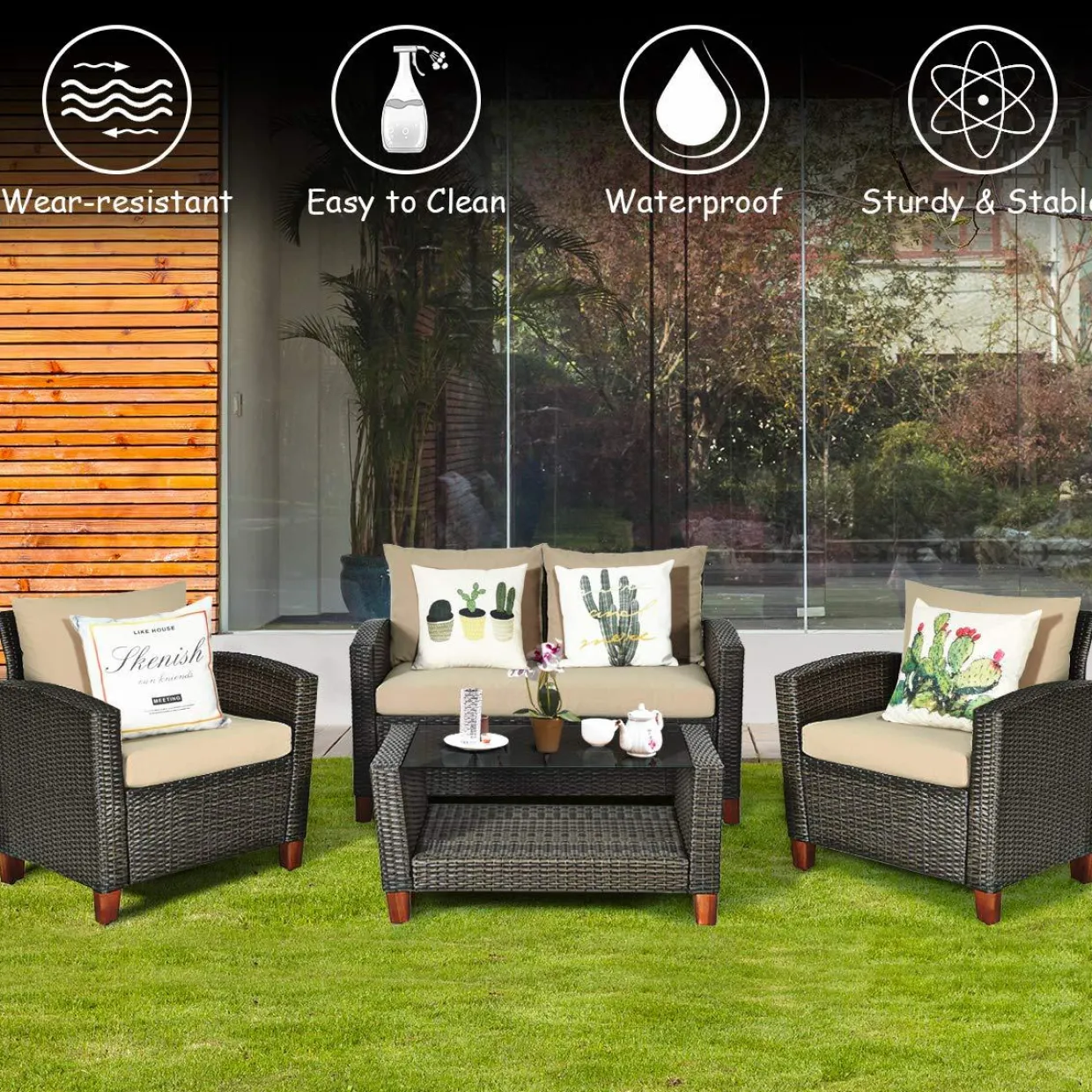 Tangkula 4-Piece Patio Rattan Furniture Set, Outdoor Wicker Conversation Set