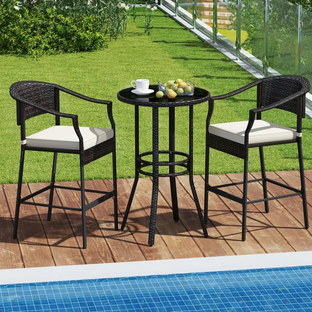 Tangkula 3-Piece Patio Rattan Bar Set, Wicker Bar Height Armchairs & Round Table w/Tempered Glass Top
