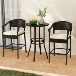 Tangkula 3-Piece Patio Rattan Bar Set, Wicker Bar Height Armchairs & Round Table w/Tempered Glass Top
