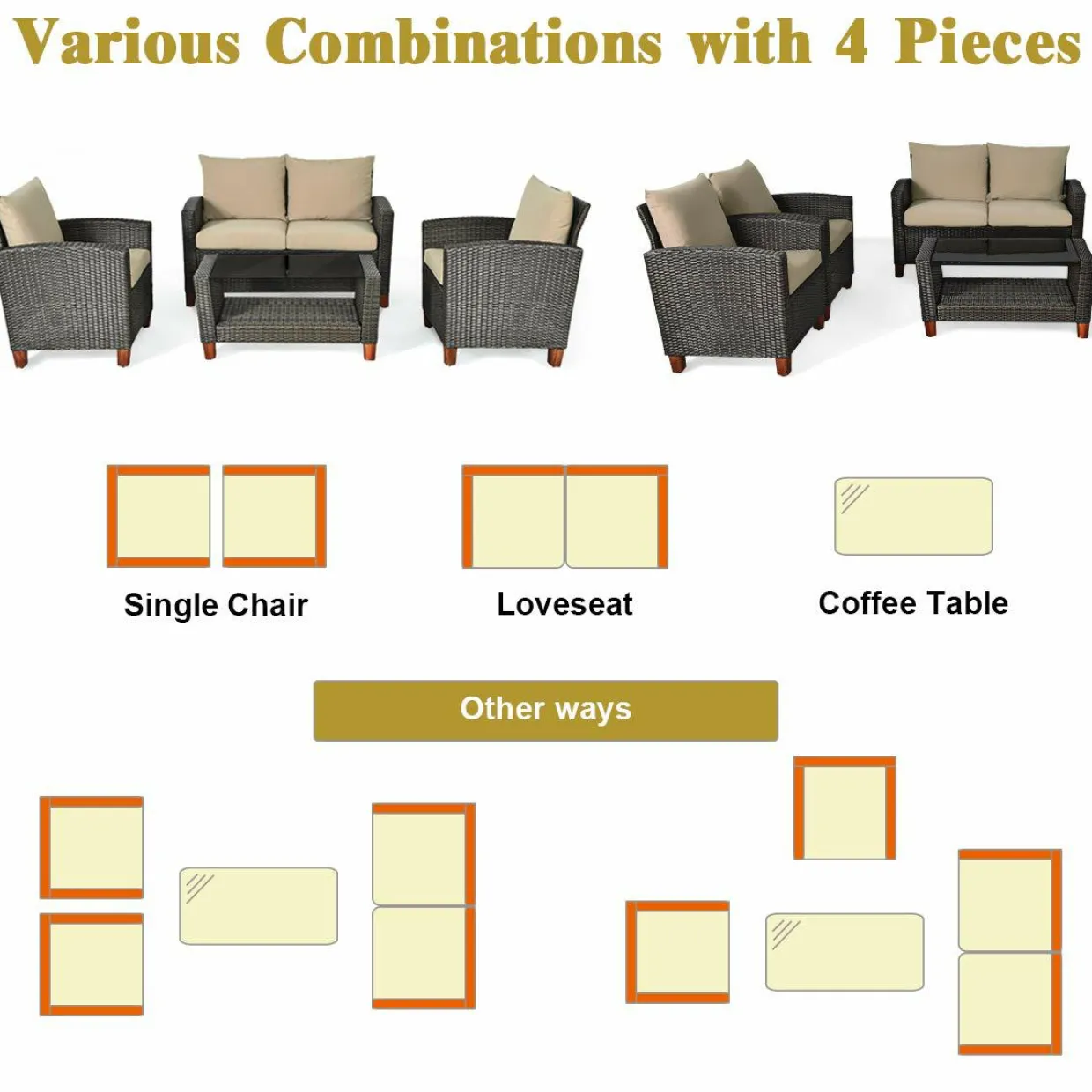 Tangkula 4-Piece Patio Rattan Furniture Set, Outdoor Wicker Conversation Set