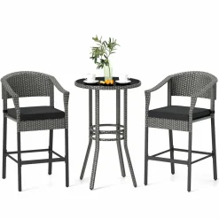 Tangkula 3-Piece Patio Rattan Bar Set, Wicker Bar Height Armchairs & Round Table w/Tempered Glass Top