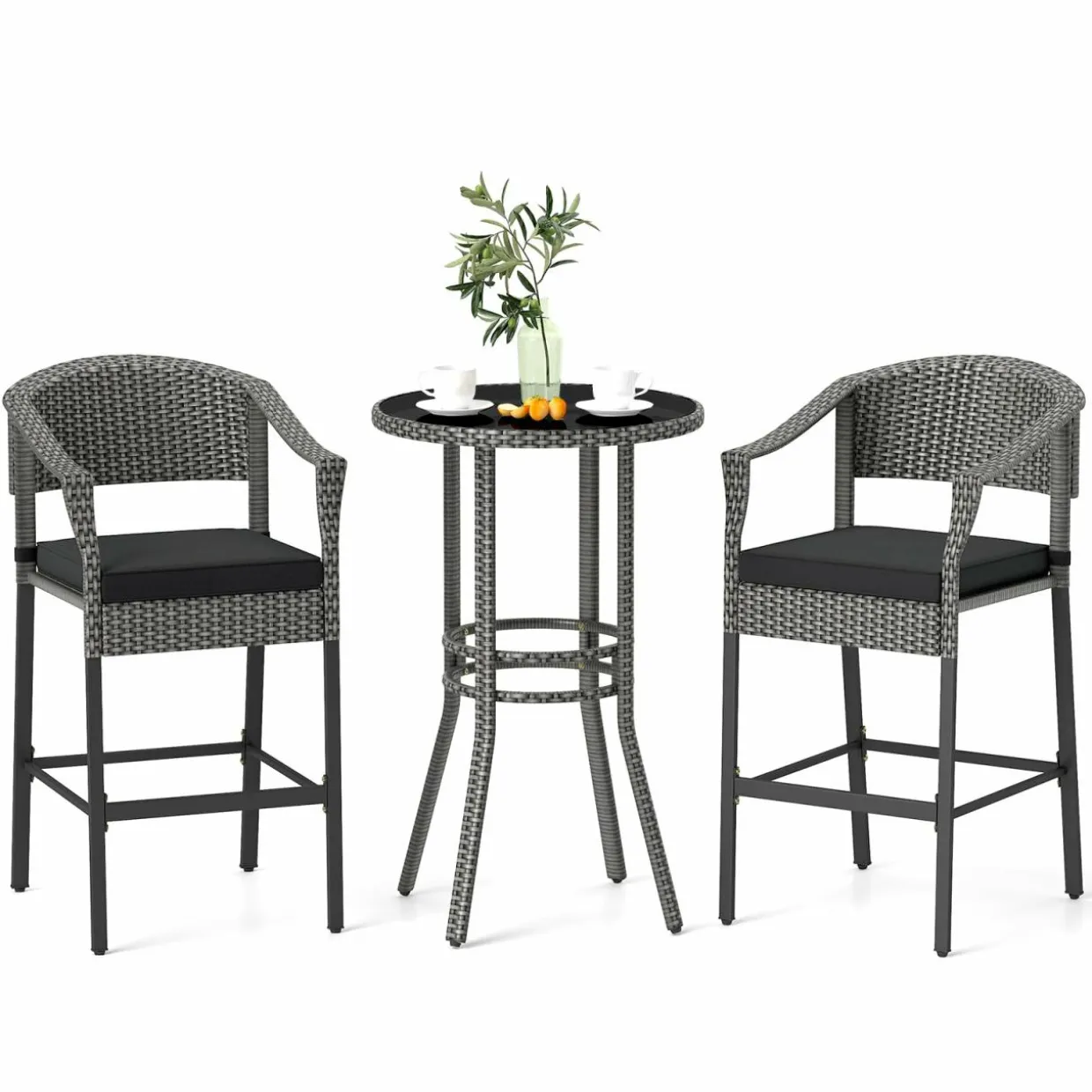 Tangkula 3-Piece Patio Rattan Bar Set, Wicker Bar Height Armchairs & Round Table w/Tempered Glass Top