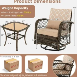 Tangkula 3-Piece Patio Swivel Rocker Set, Wicker Swivel Rocking Chairs