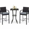 Tangkula 3-Piece Patio Wicker Bar Set, Rattan Bar Height Chairs & Square Table w/Heavy-Duty Metal Frame