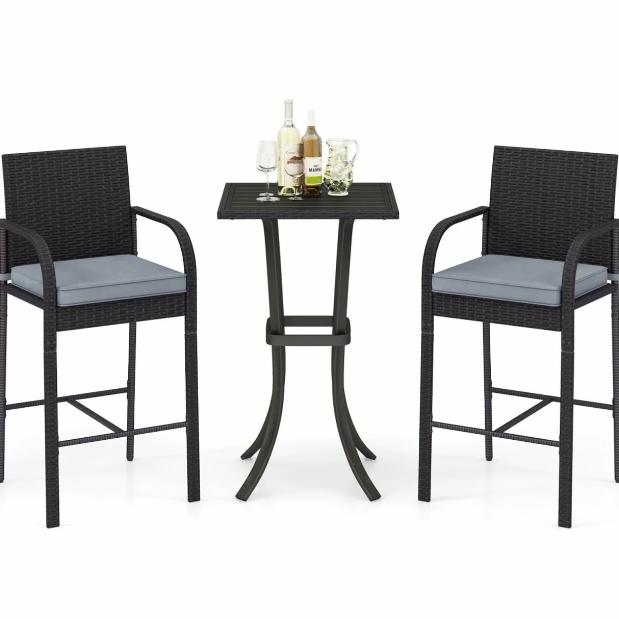 Tangkula 3-Piece Patio Wicker Bar Set, Rattan Bar Height Chairs & Square Table w/Heavy-Duty Metal Frame