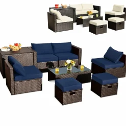 Tangkula 8-Piece Patio Wicker Furniture Set, Patiojoy Outdoor PE Rattan Conversation Set with Storage Box