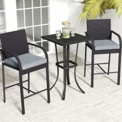 Tangkula 3-Piece Patio Wicker Bar Set, Rattan Bar Height Chairs & Square Table w/Heavy-Duty Metal Frame