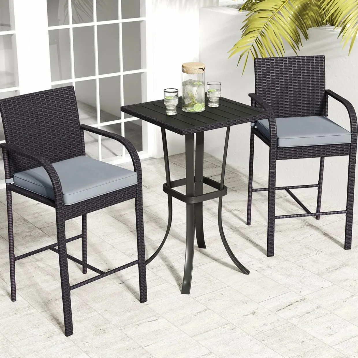 Tangkula 3-Piece Patio Wicker Bar Set, Rattan Bar Height Chairs & Square Table w/Heavy-Duty Metal Frame