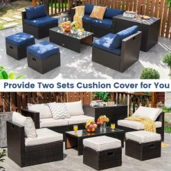 Tangkula 8-Piece Patio Wicker Furniture Set, Patiojoy Outdoor PE Rattan Conversation Set with Storage Box