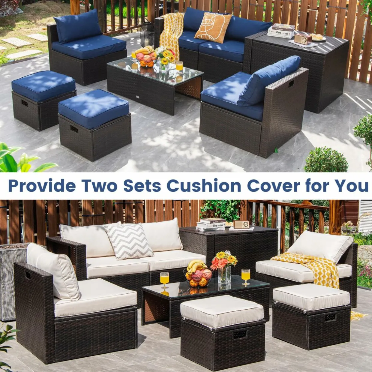 Tangkula 8-Piece Patio Wicker Furniture Set, Patiojoy Outdoor PE Rattan Conversation Set with Storage Box
