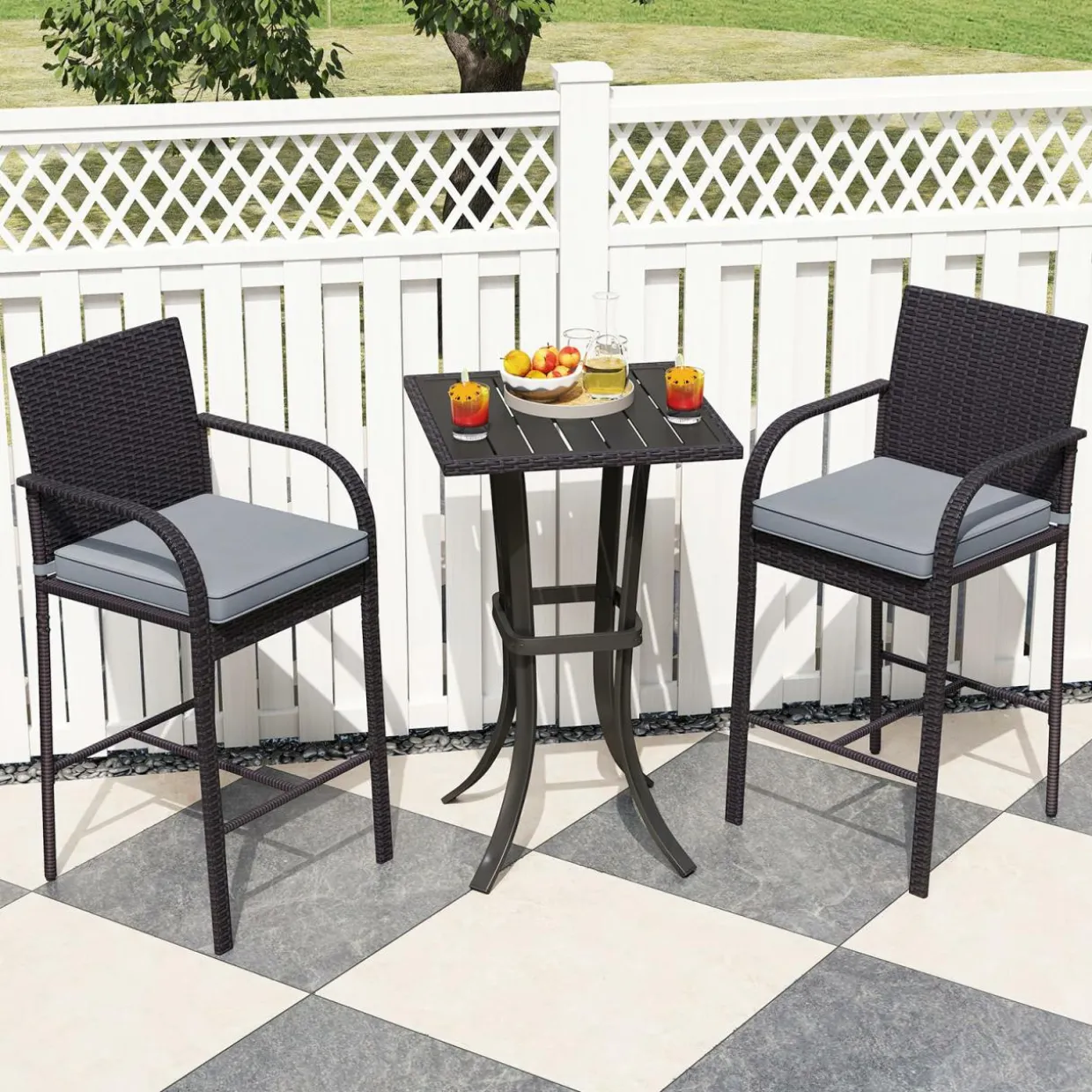 Tangkula 3-Piece Patio Wicker Bar Set, Rattan Bar Height Chairs & Square Table w/Heavy-Duty Metal Frame