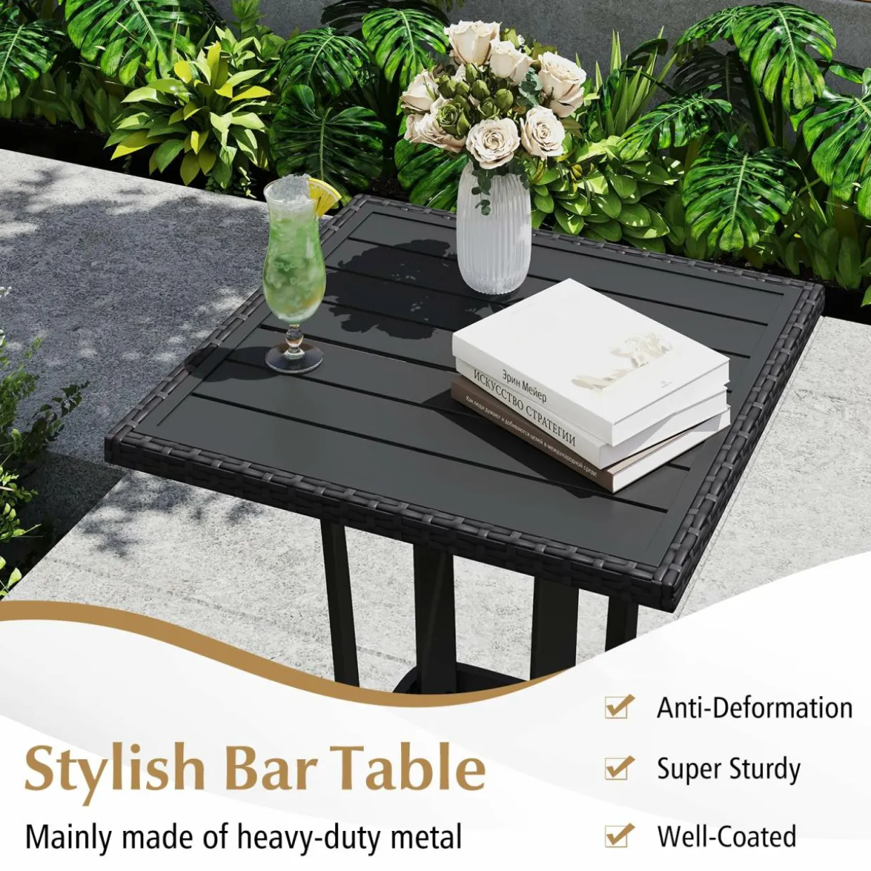 Tangkula 3-Piece Patio Wicker Bar Set, Rattan Bar Height Chairs & Square Table w/Heavy-Duty Metal Frame