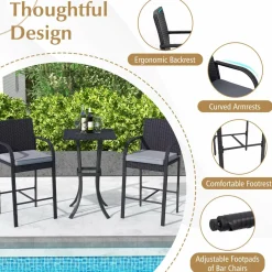 Tangkula 3-Piece Patio Wicker Bar Set, Rattan Bar Height Chairs & Square Table w/Heavy-Duty Metal Frame