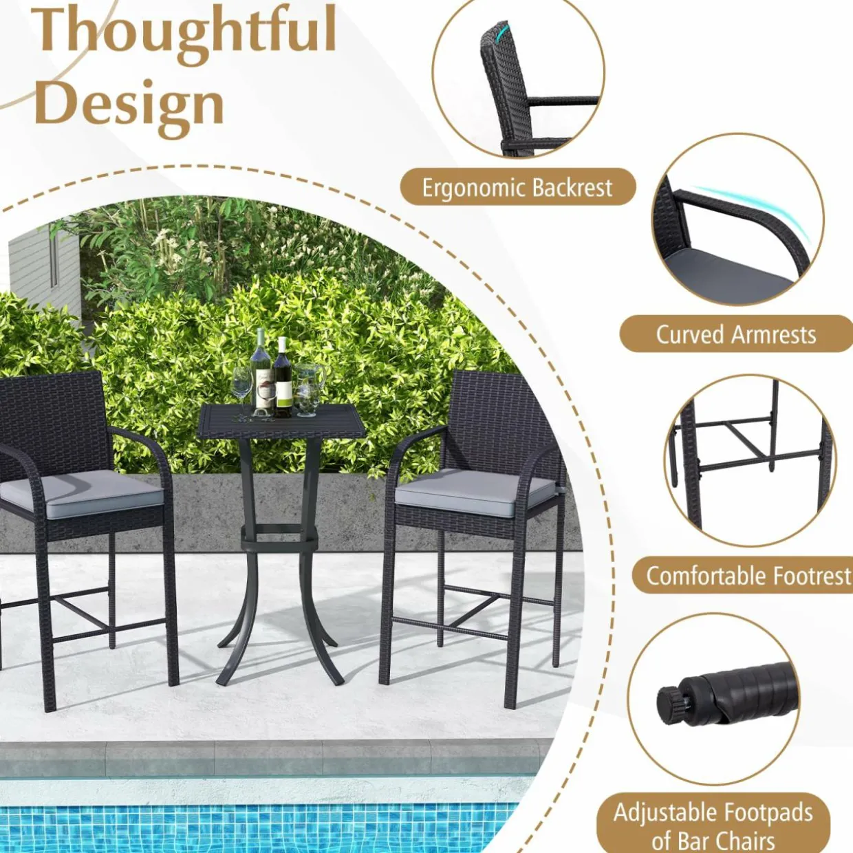 Tangkula 3-Piece Patio Wicker Bar Set, Rattan Bar Height Chairs & Square Table w/Heavy-Duty Metal Frame