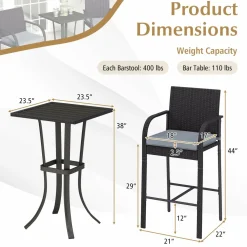 Tangkula 3-Piece Patio Wicker Bar Set, Rattan Bar Height Chairs & Square Table w/Heavy-Duty Metal Frame