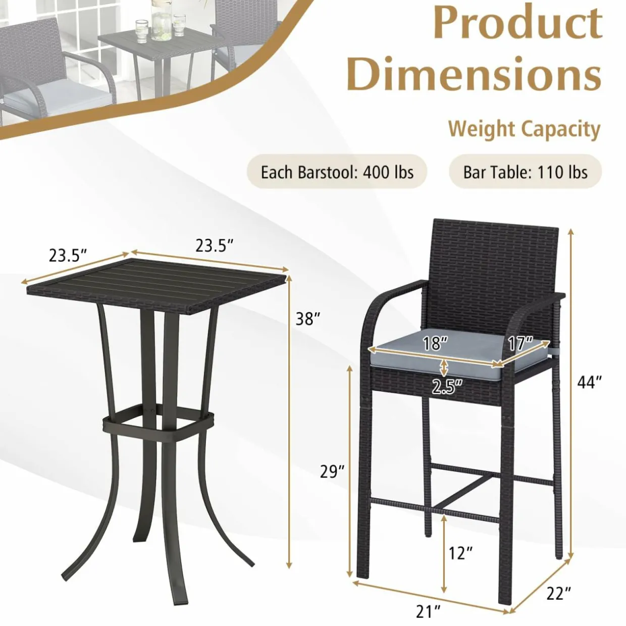 Tangkula 3-Piece Patio Wicker Bar Set, Rattan Bar Height Chairs & Square Table w/Heavy-Duty Metal Frame
