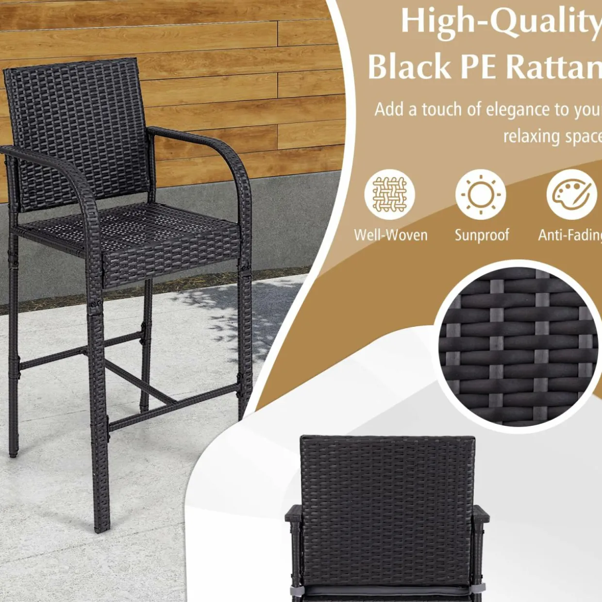 Tangkula 3-Piece Patio Wicker Bar Set, Rattan Bar Height Chairs & Square Table w/Heavy-Duty Metal Frame