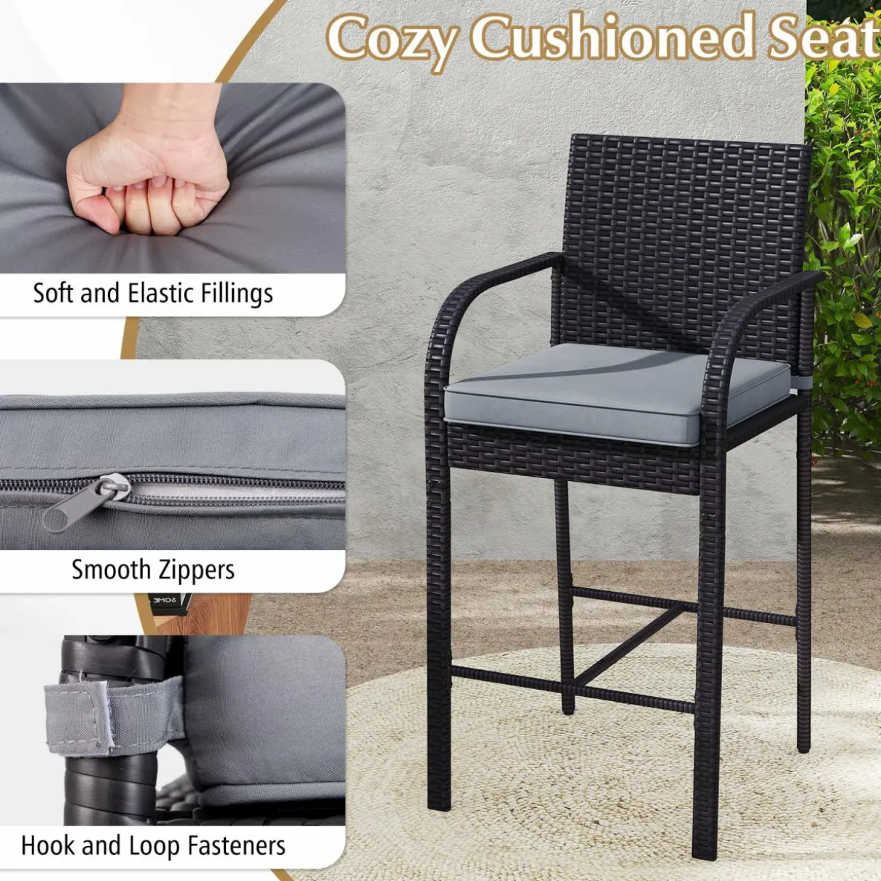 Tangkula 3-Piece Patio Wicker Bar Set, Rattan Bar Height Chairs & Square Table w/Heavy-Duty Metal Frame