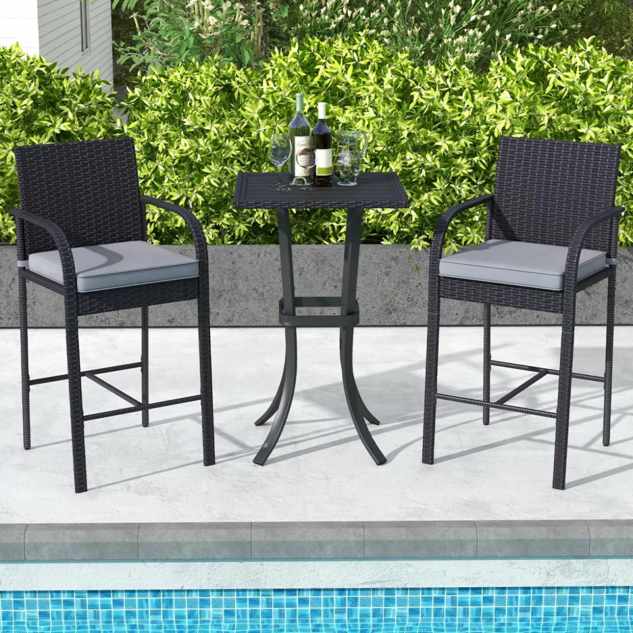 Tangkula 3-Piece Patio Wicker Bar Set, Rattan Bar Height Chairs & Square Table w/Heavy-Duty Metal Frame