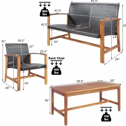 Tangkula 4-Piece PE Rattan Patio Furniture Set, Outdoor Conversation Set