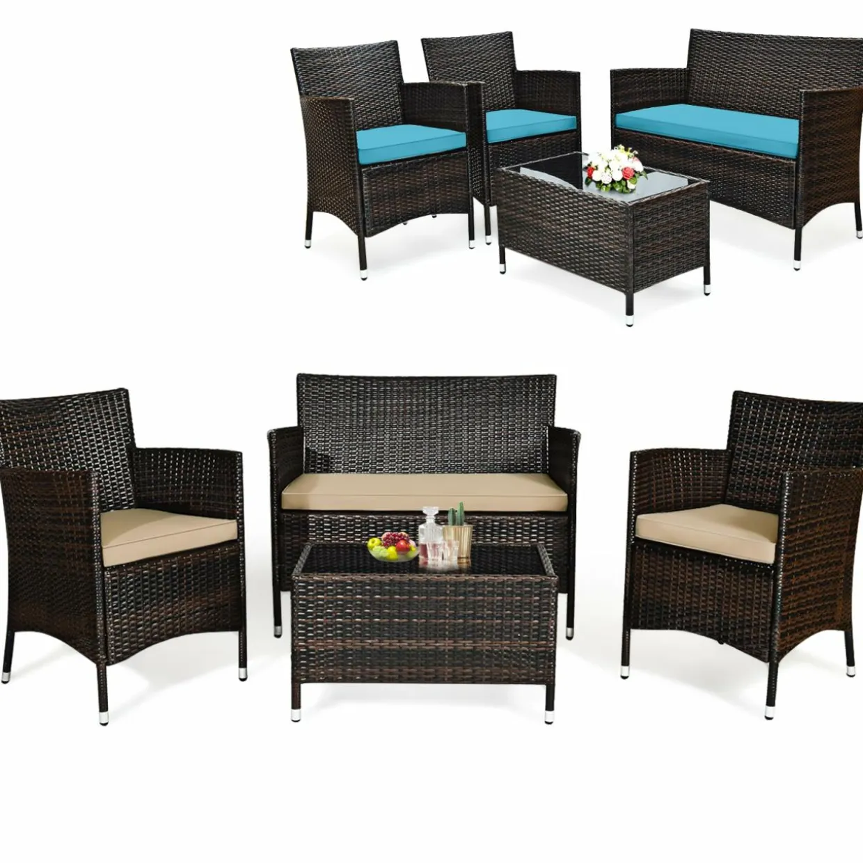 Tangkula 4-Piece Rattan Patio Furniture Set, w/Tempered Glass Coffee Table