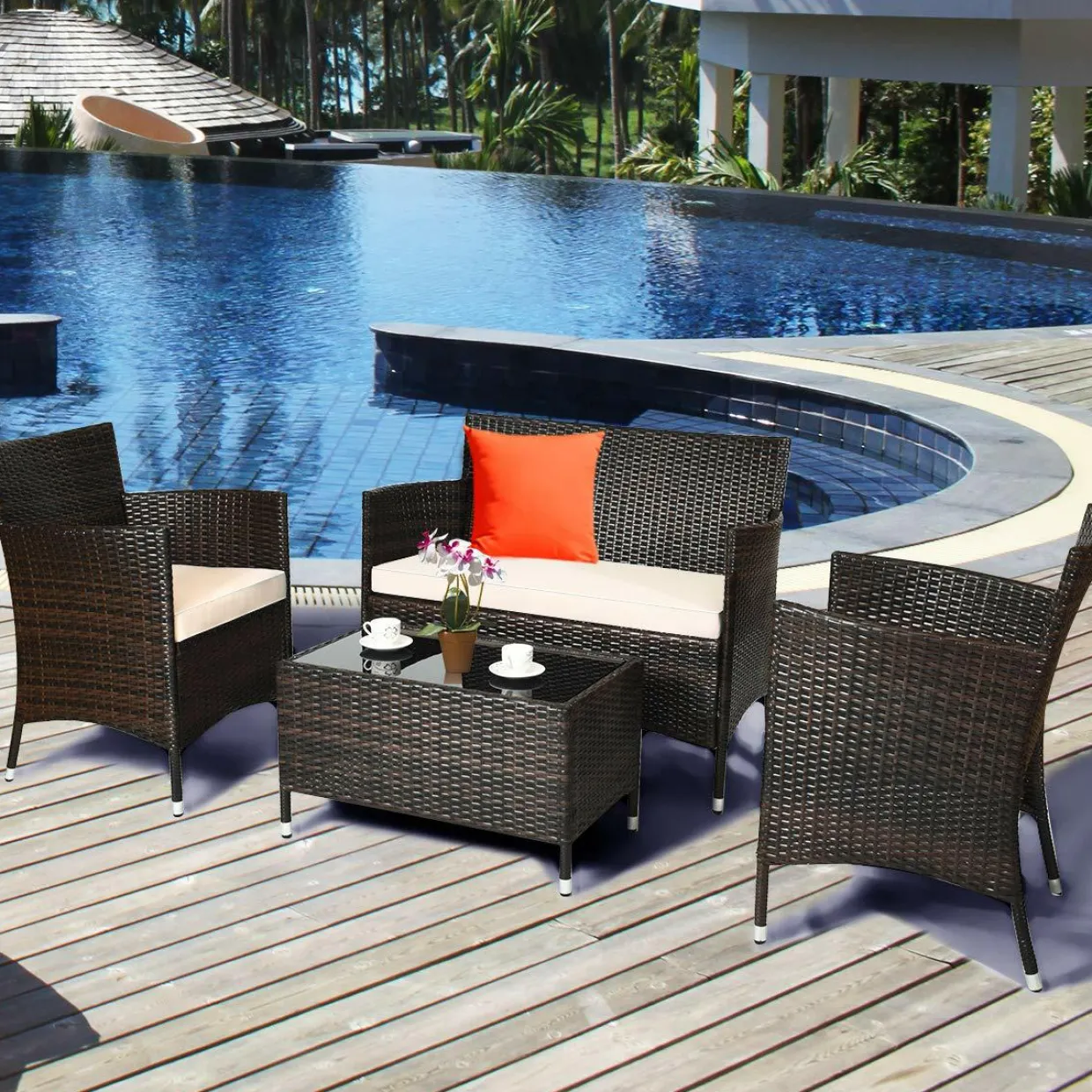 Tangkula 4-Piece Rattan Patio Furniture Set, w/Tempered Glass Coffee Table