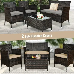 Tangkula 4-Piece Rattan Patio Furniture Set, w/Tempered Glass Coffee Table
